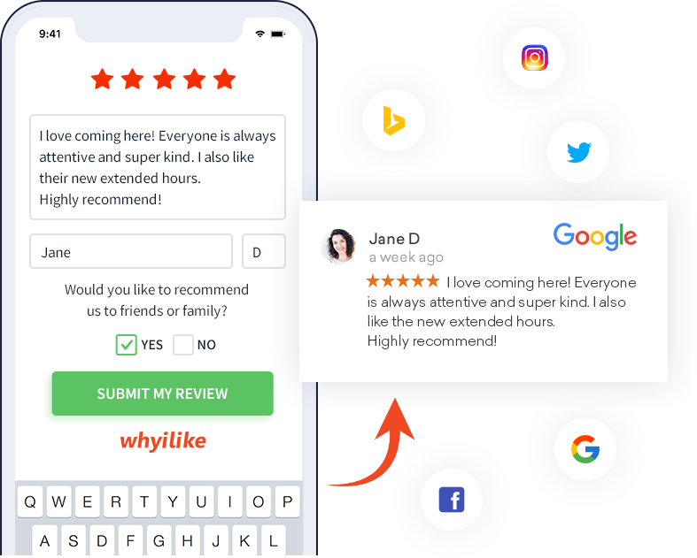 whyilike review funnel and multi-platform sharing tools